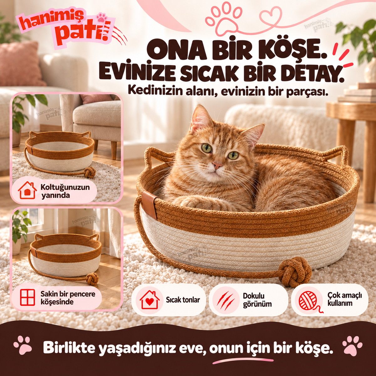 Hanimiş Sepeti - Doğal El Yapımı Hasır Kedi Tırmalama Yatağı (45x45cm)