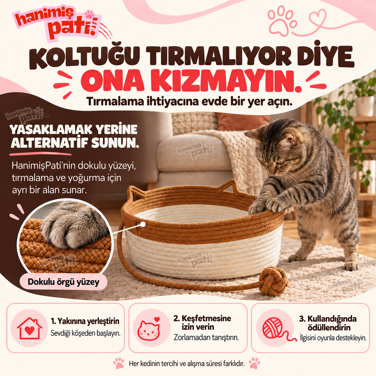 Hanimiş Sepeti - Doğal El Yapımı Hasır Kedi Tırmalama Yatağı (45x45cm)
